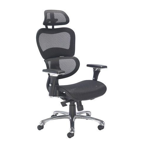Chachi Mesh Chair - Black A contemporary office chair that provides full support for its user - with a mix of black and chrome for a modern look. A lock-tilt mechanism with adjustable torsion control, headrest and adjustable arms ensures user comfort.